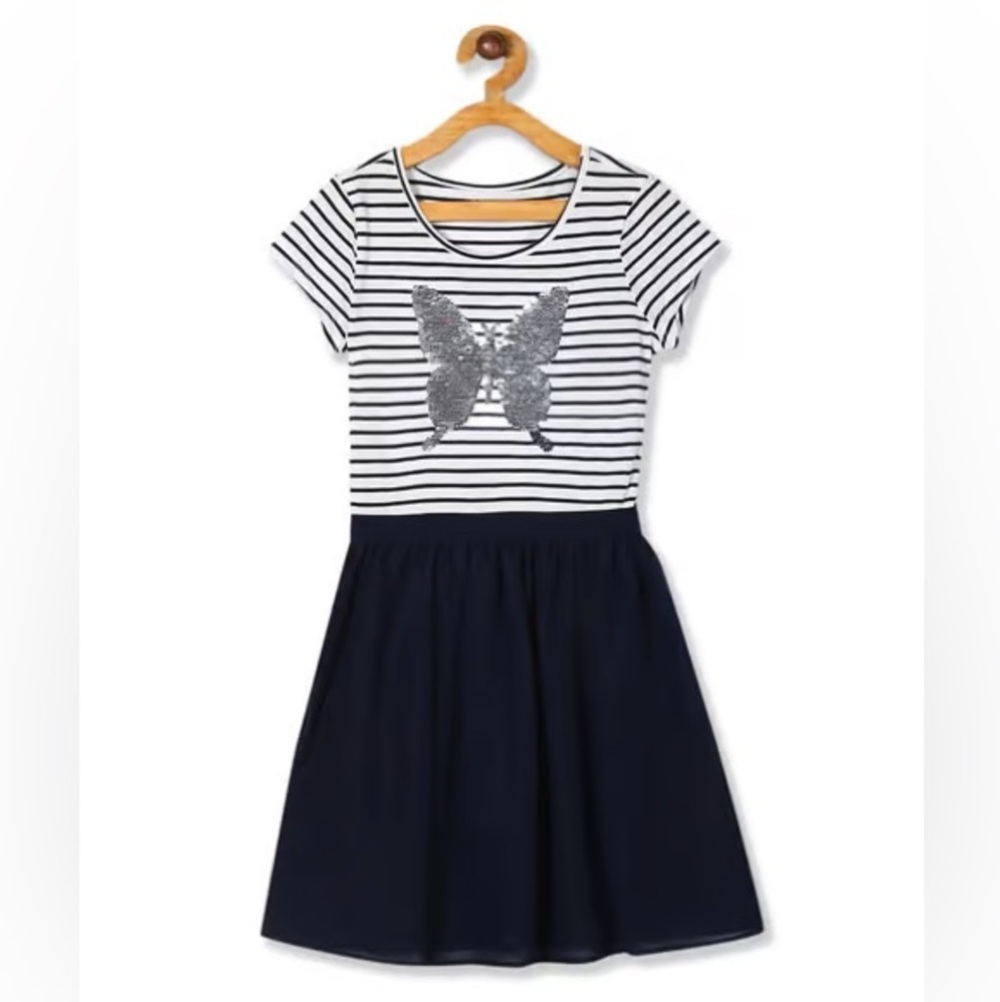 Place Girls Striped Navy and White Embellished Butterfly Dress Size Medium